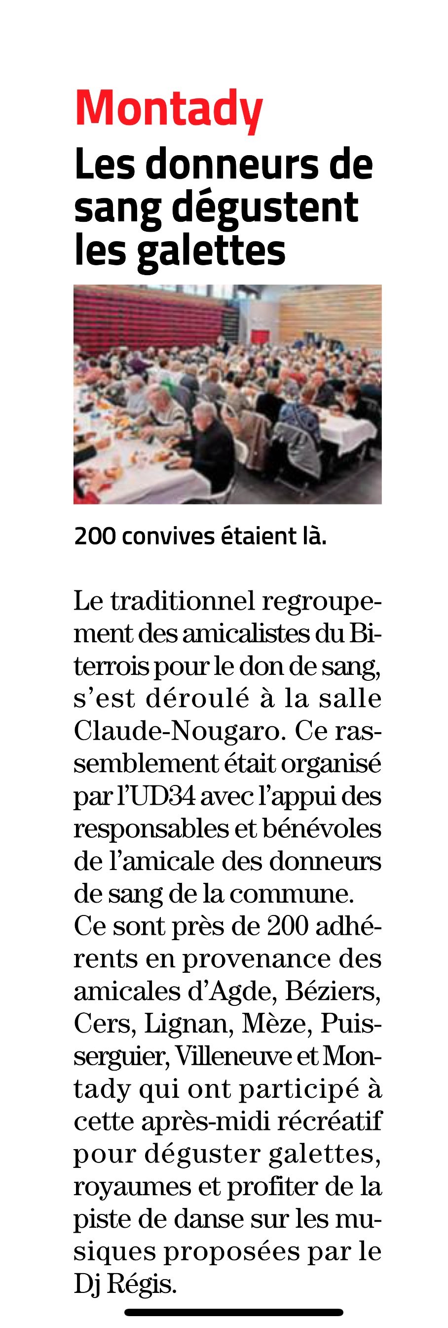 Article midi libre 05 02 2025 galette des rois des donneurs de sang de montady