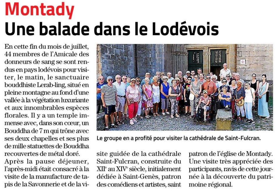 Article midi libre 09 08 2024 les donneurs de sang de montady en visite a lodeve