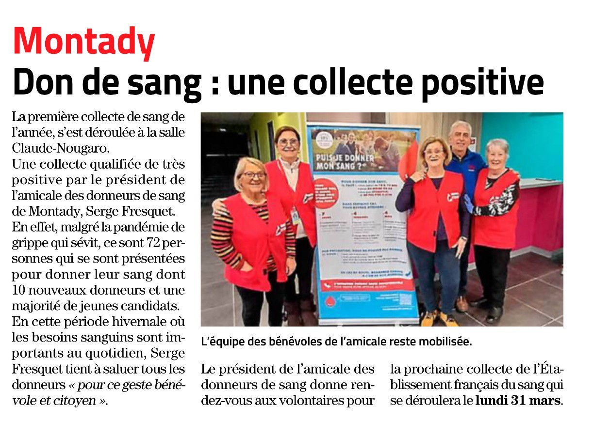 Bilan 1ere collecte de sang montady janvier midi libre 31 01 2025