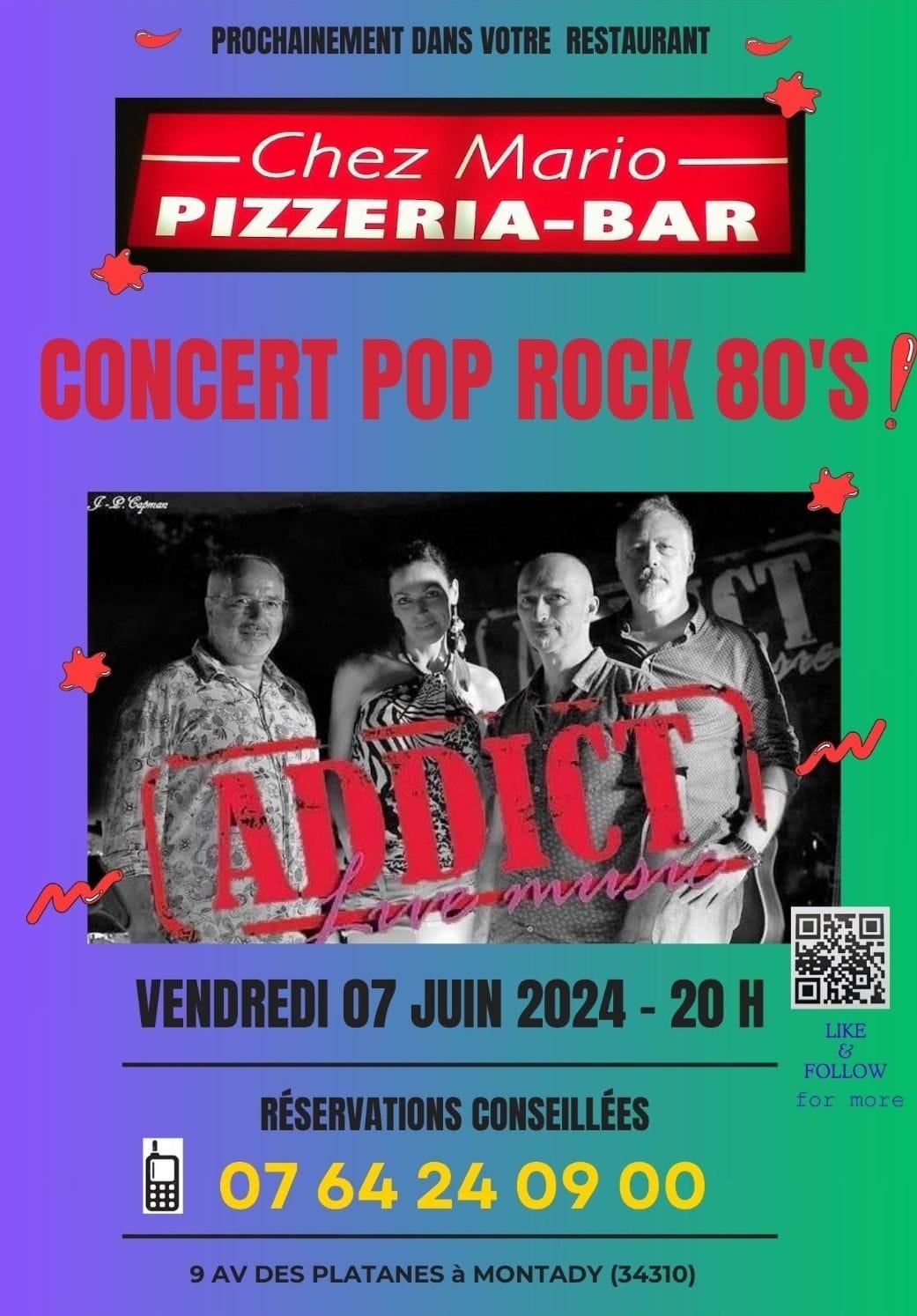 Affiche pop rock pizzeria chez mario montady 7 juin 2024