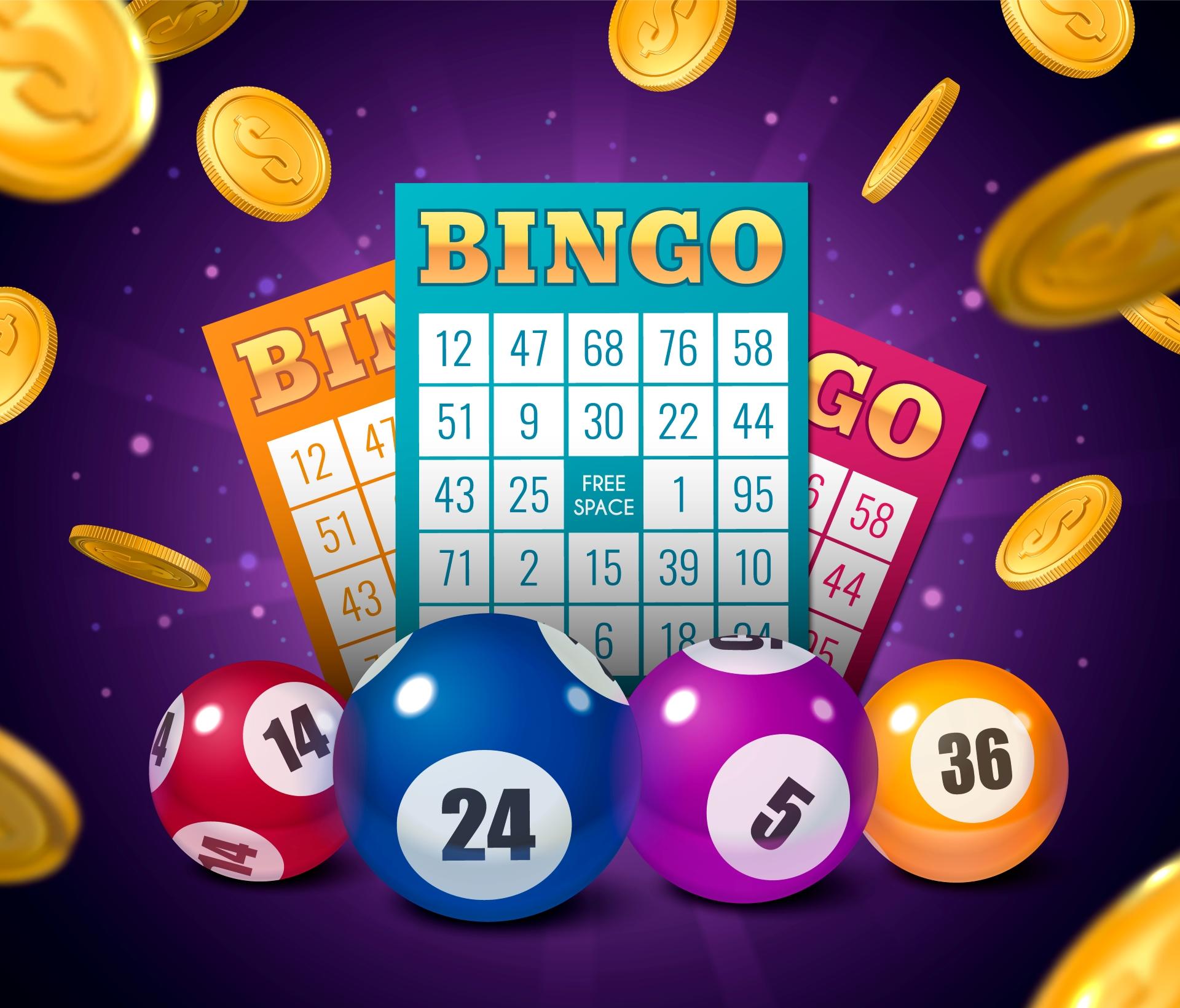 Illustration grilles bingo pieces et boules loto sur fond violet